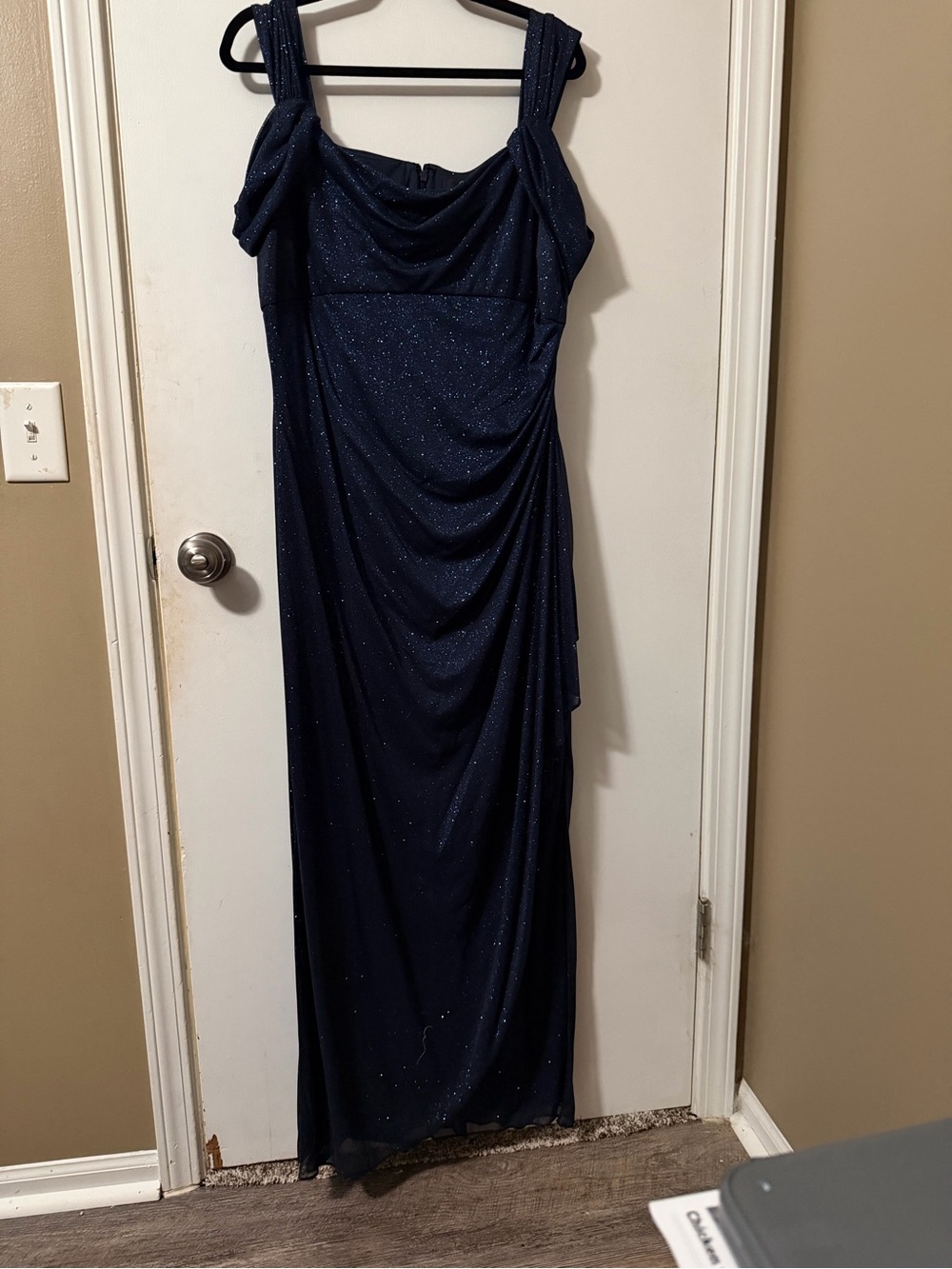Alex Evenings Navy Sparkle Draped Maxi Dress